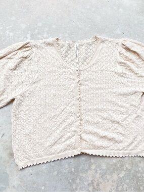 Anthropologie Pointelle Puff Sleeve Button Cardigan XL Cream